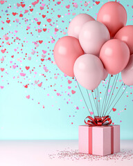 Poster - A vibrant Valentineâ€™s Day scene showcasing pink and red balloons, heart confetti, and a beautiful gift-wrapped present on a pastel background,