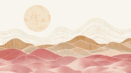 Poster - silhouette of a simple planet with textured hills and sun design in neutral tones for vector illustr