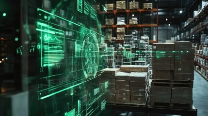 Poster - A futuristic AI-driven warehouse with intelligent tracking systems and automated storage.