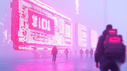 Poster - Holographic Navigation in a Futuristic City, pedestrians engaging with vibrant signs, AI technology guiding through a cybernetic urban landscape, immersive sci-fi atmosphere