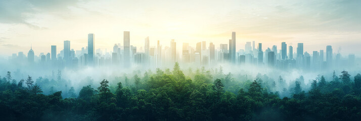 Aufkleber - an illustration of a city skyline seamlessly transitioning into a lush forest, visually merging urba