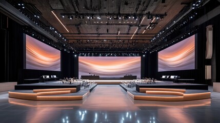 Poster - A high-tech event hall with large digital screens and a sleek, minimalist stage setup.