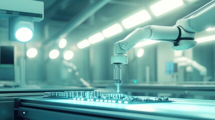 Poster - A high-tech robotic arm assembling parts on a factory production line with bright LED lighting.