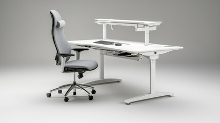 Poster - A modern open-plan office with sleek white desks, ergonomic chairs, and hanging LED lights.