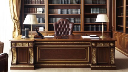 Poster - A premium law firm office with luxurious wooden desks, gold accents, and bright white lighting.