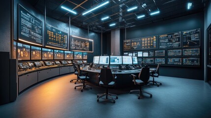 Poster - A modern control center with AI-driven predictive maintenance systems monitoring machines.