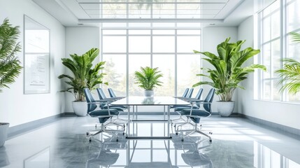Poster - A professional conference room with bright lighting, a glass table, and minimalist decor.