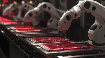 Poster - A smart automated industrial system with robotic arms assembling microchips.