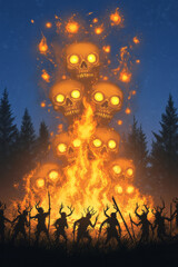 Poster - A playful illustration of mischievous folk spirits dancing around a bonfire at midnight, their glowing eyes and swirling sparks creating a sense of otherworldly energy,