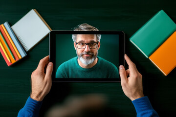 Poster - An energetic photograph of a student participating in a live video lecture on a tablet, while surrounded by colorful textbooks and note-taking supplies,