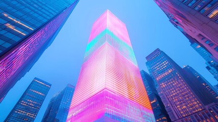 Poster - Dynamic Urban Canvas, Skyscraper adorned with vibrant, animated digital artwork, captivating projection mapping, viewed from street level, showcasing a lively city atmosphere
