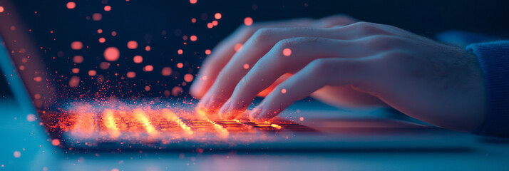 Poster - A close-up shot of hands typing on a laptop keyboard during an online exam, with virtual proctoring symbols subtly integrated into the background,
