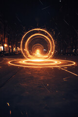 Poster - An energetic shot of spinning steel wool igniting bright sparks in the dark, forming mesmerizing circles of light in a vacant urban space,