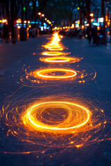 Poster - An energetic shot of spinning steel wool igniting bright sparks in the dark, forming mesmerizing circles of light in a vacant urban space,