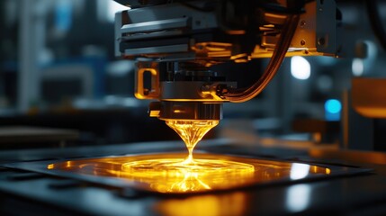 Poster - Close-up of a robotic D printer extruding molten metal to create a durable aerospace component.
