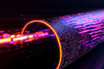 Aufkleber - A futuristic digital composition of overlapping grids and code-like elements, with selective neon highlights emerging from the darkness for a high-tech aesthetic,