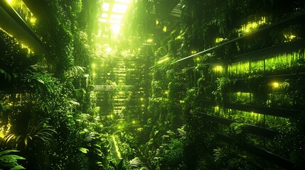 Wall Mural - Lush vertical farm interior, sunlight, plants