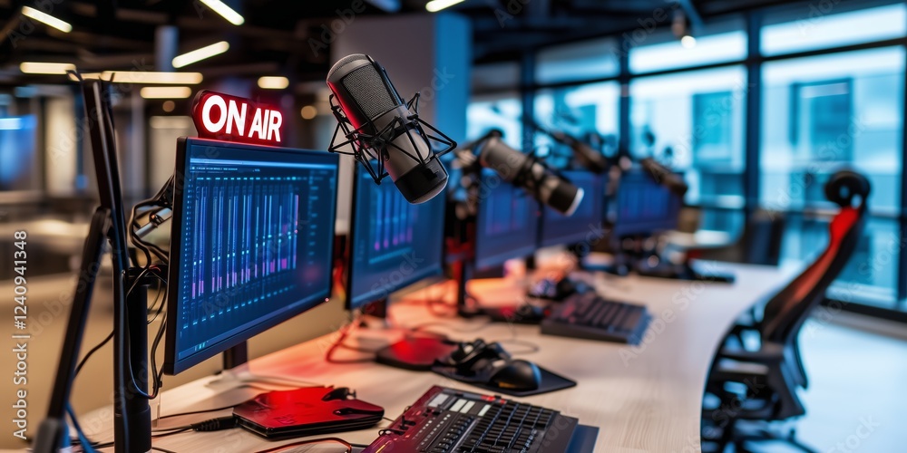 Professional radio studio featuring glowing on air sign, highlighting ...