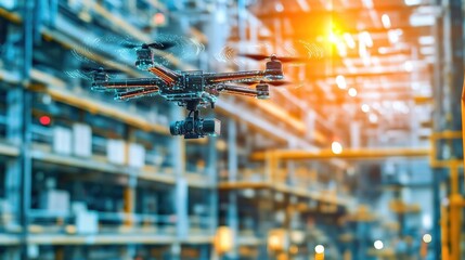 Poster - Drone surveillance overseeing a smart factory, real-time analytics on holographic screen monitoring production flow.
