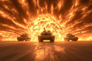 Poster - A dramatic wide-angle shot of silhouettes of military tanks caught in a massive fireball, set against a blazing sunset sky filled with billowing smoke,