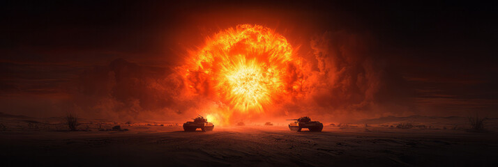 Poster - A high-resolution photograph capturing a turbulent explosion overrunning two tanks on a desert battleground at dusk, with vivid orange flames contrasting the twilight,