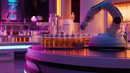 Poster - Fully automated pharmaceutical production line with robotic arms filling vials with precision, sterile high-tech setting.