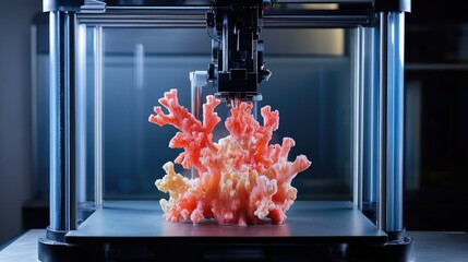 Poster - Futuristic D printer producing an artificial coral reef structure for marine conservation.