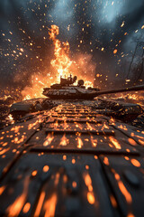 Poster - A gritty photograph emphasizing fire reflections on tank metal surfaces, as a massive detonation sends sparks and embers flying amidst the glowing horizon,