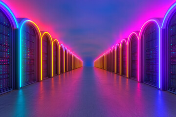 Aufkleber - A futuristic neon-lit server room with symmetrical rows of servers glowing in vibrant blues and purples, emphasizing high-tech infrastructure and data flow,