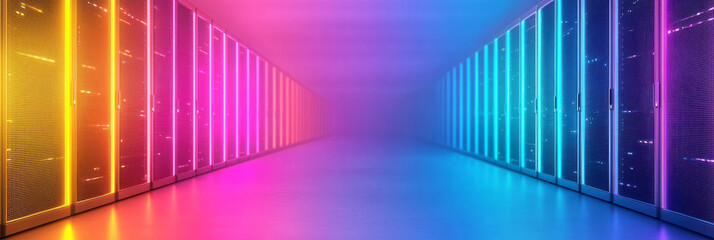 Poster - A dramatic composition of towering server racks bathed in neon pink and cyan hues, forming a corridor of pulsating lights and hardware components,
