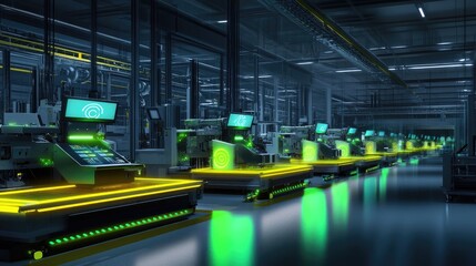 Poster - Futuristic assembly line with glowing interfaces displaying real-time production data and AI-driven insights.