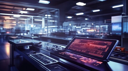 Poster - Futuristic assembly line with glowing interfaces displaying real-time production data and AI-driven insights.