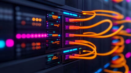 Fototapete - A close-up view of neon-outlined cables snaking through server cabinets, highlighting the dynamic interplay of technology and neon-colored lighting,
