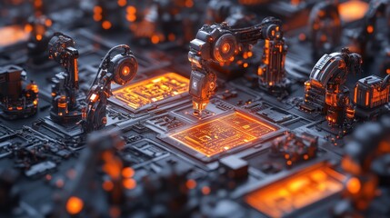 Poster - Futuristic assembly line with glowing interfaces displaying real-time production data and AI-driven insights.