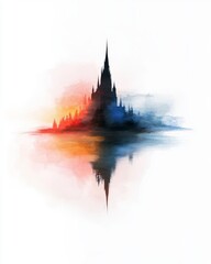 Poster - Enchanting Watercolor Castle Silhouette with Vibrant Sunset Reflections in Calm Water Landscape