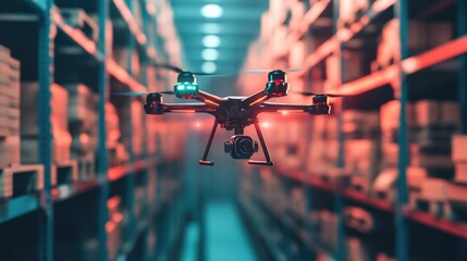 Poster - Futuristic cargo drone docking at an automated warehouse in a high-tech logistics hub.