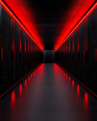 Poster - A minimalist photograph of gleaming server rows lined with subtle neon accents, set against a dark backdrop for a bold and sophisticated look,