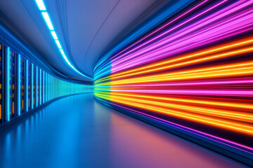Aufkleber - A dynamic long-exposure image featuring streaks of colored light dancing around server racks, representing the constant flow of digital information within the neon-lit space,