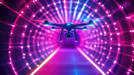 Poster - Futuristic drone racing through an illuminated tunnel, high-speed aerial sports technology.