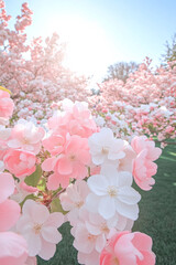 Aufkleber - A wide-angle shot of a serene spring garden in full bloom, with vibrant pink and white blossoms contrasting against lush green foliage under soft morning sunlight,