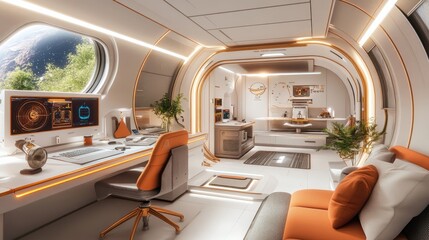 Poster - Futuristic space station using a D printer to manufacture tools and components in zero gravity.