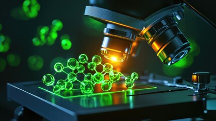 Poster - Glowing biocompatible nanomaterials forming new structures under a futuristic research microscope.