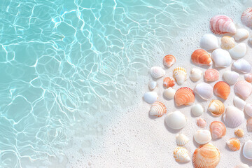 Aufkleber - A close-up of seashells and coral fragments scattered on the shore, with gentle foamy waves rolling in, highlighting the delicate beauty of a tropical beach,