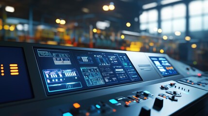 Aufkleber - industrial control panel with glowing digital screens monitoring a smart factory, futuristic interfa