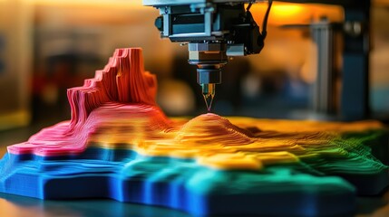 Poster - Multi-color D printer fabricating a complex topographical map with ultra-fine detail.