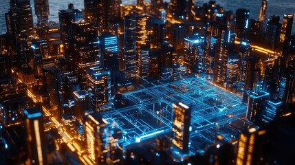 Poster - Smart city infrastructure controlled by AI, with data overlays tracking traffic, weather, and urban analytics.