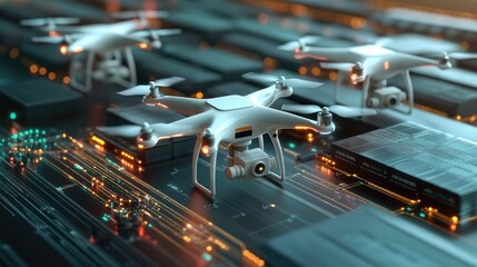 Poster - Smart drone fleet managing industrial logistics, scanning inventory and optimizing distribution.