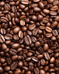 Wall Mural - Rich brown coffee beans in close up view, showcasing their texture and shine