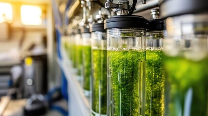 Poster - Synthetic biology innovation lab with bioreactors cultivating engineered microorganisms for medical research.
