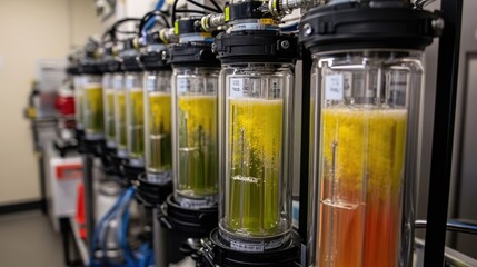 Poster - Synthetic biology innovation lab with bioreactors cultivating engineered microorganisms for medical research.